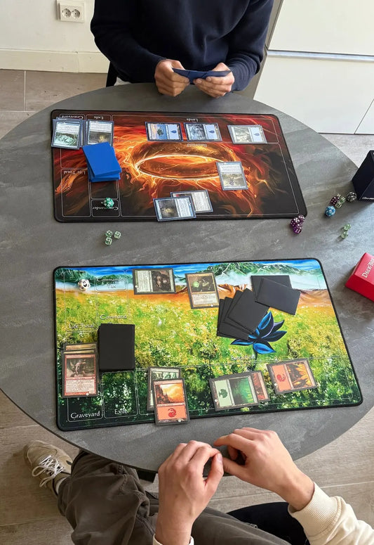 MTG playmat with printed zones for Magic: The Gathering – left and right hand configuration