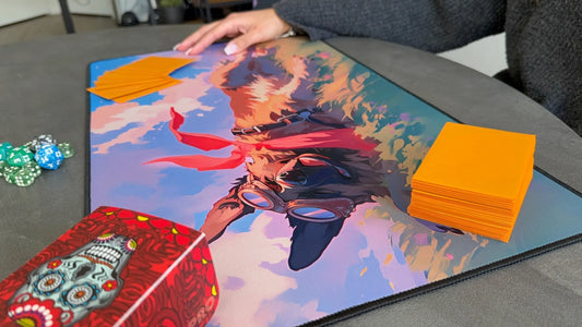 Magic: The Gathering playmat with stitched edges and fantasy design