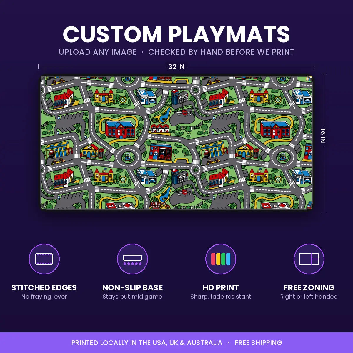 Custom MTG playmat 32 by 16 inch with stitched edges, non-slip base, HD print and free zoning