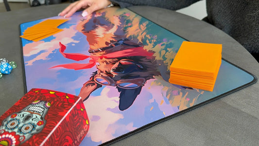 Premium TCG playmat with stitched edges and vibrant artwork for trading card games