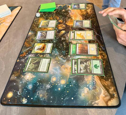 Custom MTG playmat printed from uploaded artwork, stitched edges