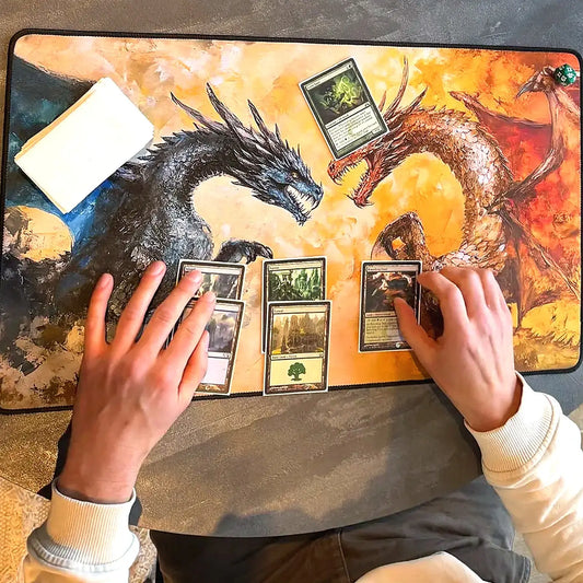 Custom MTG playmat with stitched edges in use during a Commander game